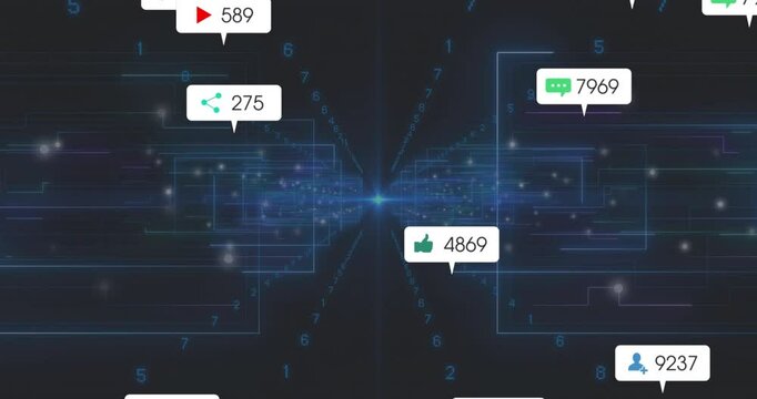 Glowing circuit lines streaming from vanishing point while floating social media icons pulsing data - Powered by Adobe
