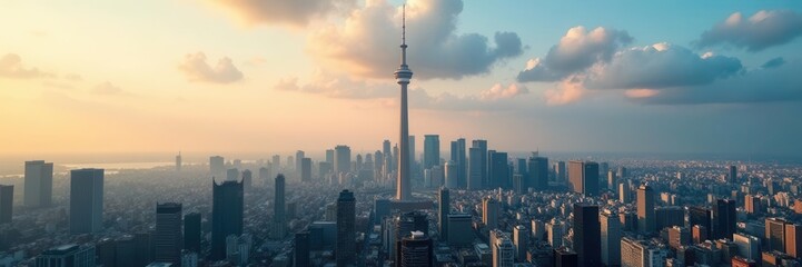 Naklejka premium Imposing tower looms over distant urban sprawl, city life, architecture photography