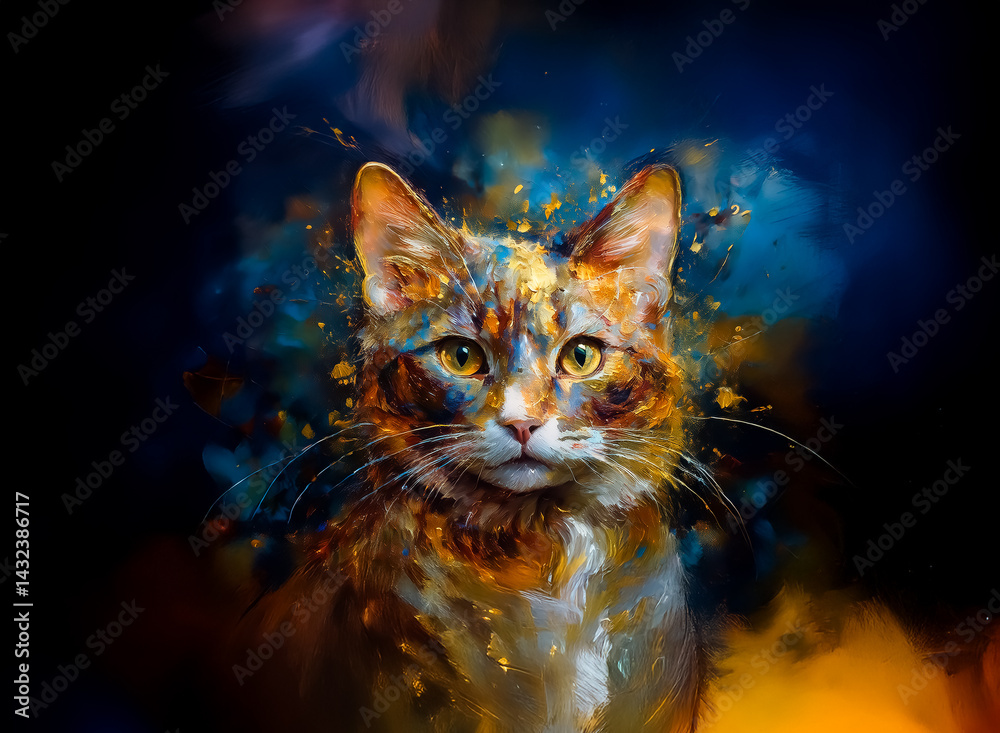 Aufkleber colorful painting of a cat with an abstract style and vibrant paint splashes on a dark backdrop. the