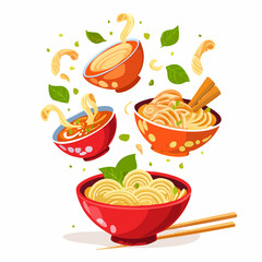Flying cartoon Asian food set. Falling bowls with hot noodles and soup
