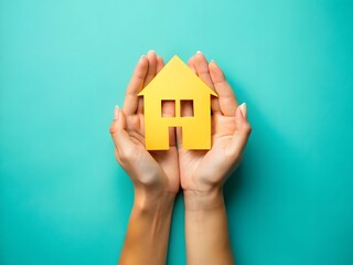 Hands Holding Yellow Paper House on Teal Background