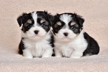 Cute Black and White Puppies Sitting Together on Soft Blanket
