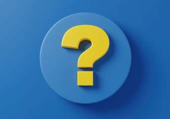 A yellow question mark on a blue circular background in a close up studio shot with soft lighting