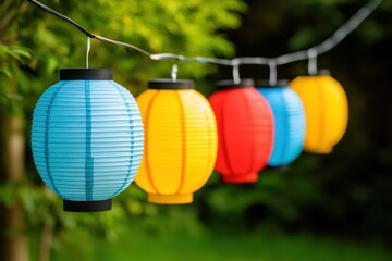 Fototapeta premium Colorful Paper Lanterns Hanging Decoratively in Outdoor Space