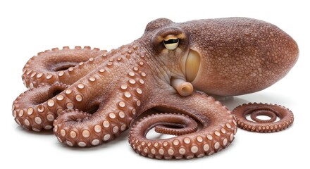 A detailed studio shot of a cooked octopus with tentacles curled on a white background surface view