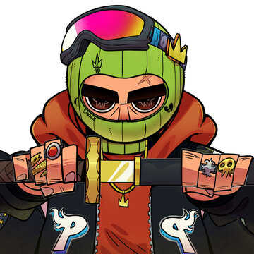 the boy with cool samurai sword ski mask and google with chain and rings