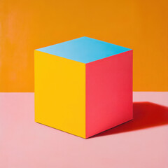 Fototapeta premium vibrant cube with bright yellow and pink exterior and blue top sits against warm orange background, creating striking visual contrast that evokes sense of playfulness and creativity