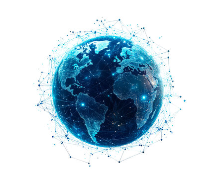 A digital representation of Earth connected by a network of nodes and lines isolated on transparent background