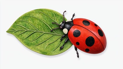 Fototapeta premium Bright Red Ladybug on Green Leaf with Detailed Texture and Colors