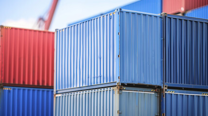Fototapeta premium Stacked shipping containers at busy port with cranes, global logistics and supply chain concept, international trade and cargo transportation industry.