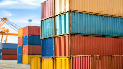 Fototapeta premium Stacked shipping containers at busy port with cranes, global logistics and supply chain concept, international trade and cargo transportation industry.