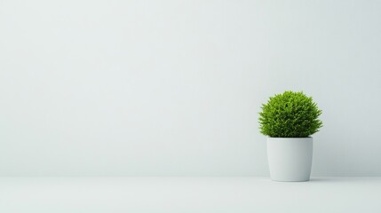 A minimalist image featuring a small green plant in a white pot against a plain light background.