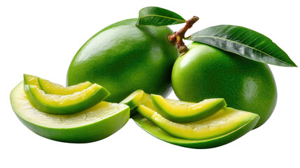 Green Mango Slices: A vibrant close-up showcasing green mangoes, sliced and whole, with their natural, glistening skin and bright green foliage, inviting a taste of exotic flavor.
