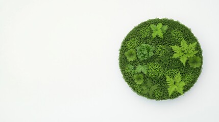 A circular arrangement of lush green plants on a white background, showcasing a vibrant and minimalistic design that emphasizes nature.