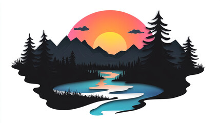 Abstract black silhouette of a forest, mountains, and a river with a colorful sunset, vector illustration on a white background.