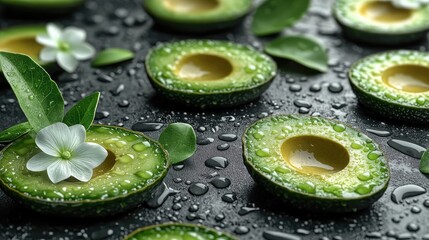 Fresh avocado halves arranged on a dark surface, with water droplets and flowers