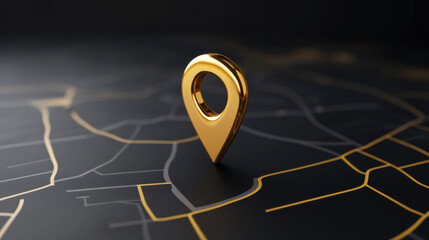 golden location pin stands prominently dark map, showcasing intricate lines and pathways. This striking image captures essence of navigation and modern technology, evoking sense of exploration