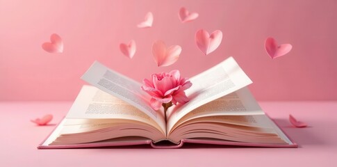 A pink rose blossoms from the pages of an open book, surrounded by delicate, floating heart-shaped petals on a pale pink background.