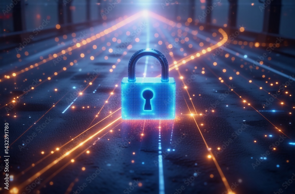 Poster a glowing blue padlock sits on a digital pathway, symbolizing data security and the protection of in