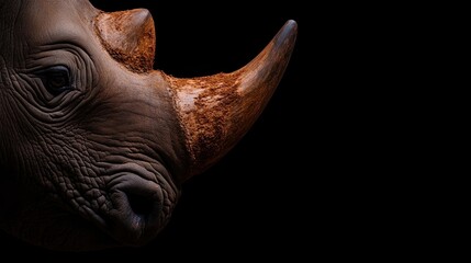 Obraz premium A close-up image of a rhinoceros, showcasing its textured skin and prominent horn against a dark background.