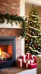 A cozy and festive Christmas scene with a decorated Christmas tree, gifts underneath, and a warm fireplace with garland, perfect for celebrating the holiday season.

