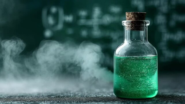 Mysterious elixir in a clear bottle with a cork stopper, bubbles visible and smoke swirling in the background on a dark surface.