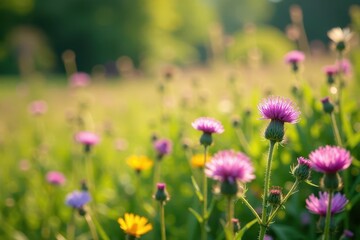 Obraz premium Golden hour illuminates a vibrant meadow bursting with wildflowers, showcasing a diverse array of blossoms in various stages of bloom, creating a picturesque summer scene