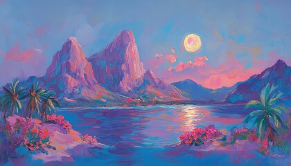 Pastel mountain landscape at twilight. Lush tropical vegetation meets a calm sea under a full moon. Vibrant colors evoke a sense of peace and serenity