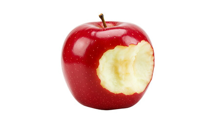 A single red apple with a bite taken out of it on a black background showing the inner fruit part
