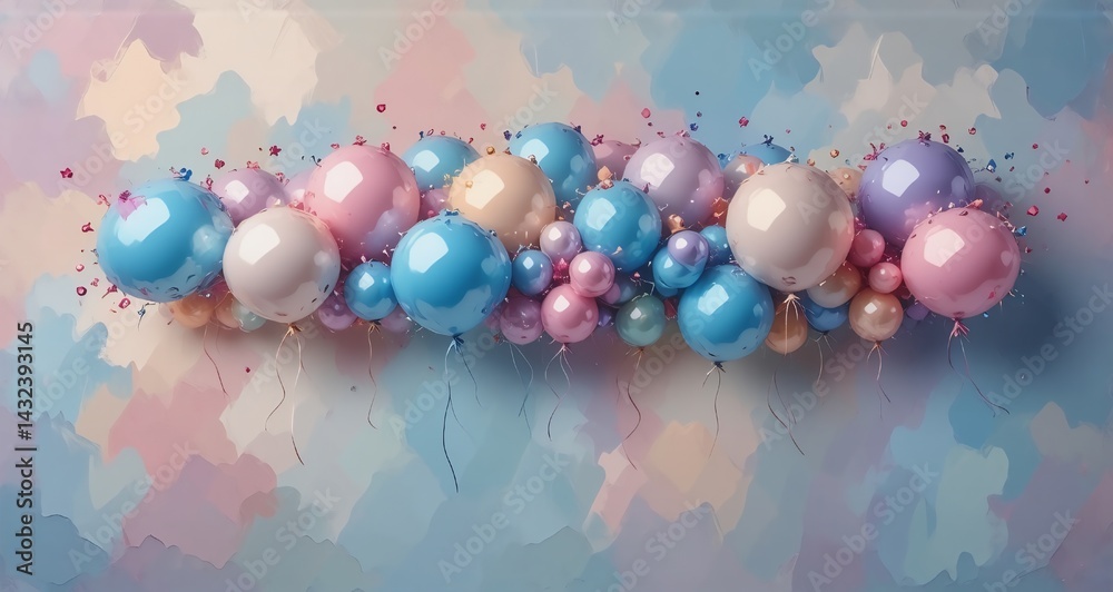 Poster a festive display shows colorful balloons clustered together with a pastel background. celebration a