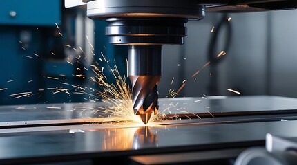 A close-up of a CNC machine cutting metal, with sparks flying from the precision drill, showcasing industrial manufacturing and advanced machining technology.

