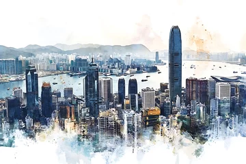 Tableau sur plexiglas Aquarelle gratte-ciel Hong Kong Skyline Watercolor Painting Cityscape, Skyscrapers, Victoria Harbour, Urban  © Tazul