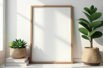 Blank Wooden Frame Mockup with Plants and Books in a Minimalist Setting