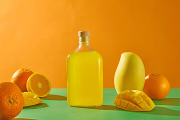 Photo of fresh tropical fruits placed around a glass pitcher of pure juice. Fresh orange cut in half to reveal juicy segments, ripe mango standing upright. Bright orange background, fruits concept.