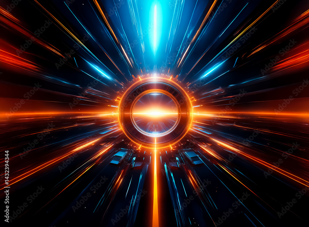Poster an abstract geometric composition showcasing vibrant orange and blue energy emanating from a central