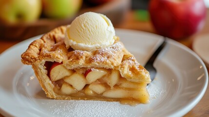 A Slice of Warm Apple Pie with Vanilla Ice Cream on a White Plate Delight