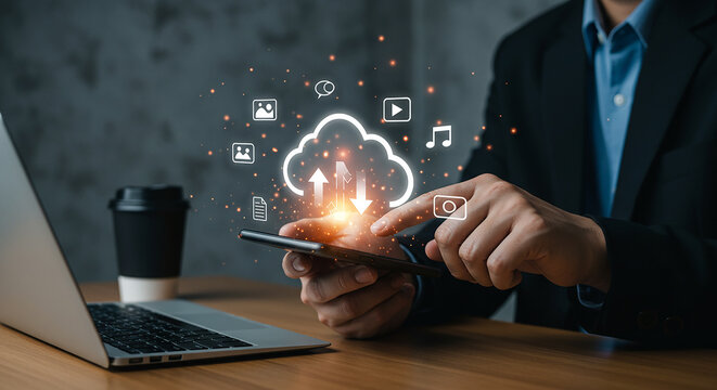 A person using a smartphone with cloud computing icons laptop and coffee cup on a wooden table top view selling, purchasing,$, agreement - Powered by Adobe