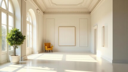 Sunlit Elegant Room with Yellow Armchair and Large Blank Canvas