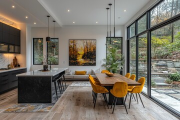 Fototapeta premium Modern dining area with yellow chairs, bench seat, glass door to outdoor space, black metal island, and minimal wall art.