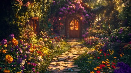 Enchanted Cottage: Sunlit Stone Path Through a Vibrant Floral Garden