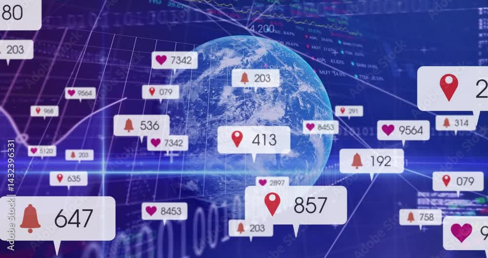 Poster 3d earth globe rotating in dark blue interface, showing floating ui callouts and data lines