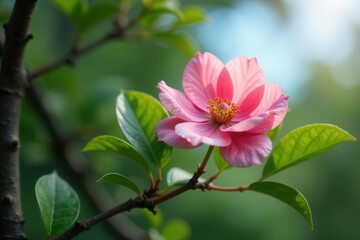 Obraz premium Delicate Pink Blossom on a Branch with Lush Green Foliage in Soft Sunlight