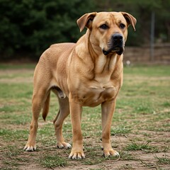 Obraz premium Majestic mixed-breed dog standing alertly in natural outdoor setting with grassy meadow