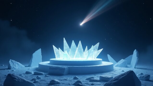 Mystical Ice Crystal Formation Illuminated Beneath a Celestial Sky and Cosmic Presence - Powered by Adobe