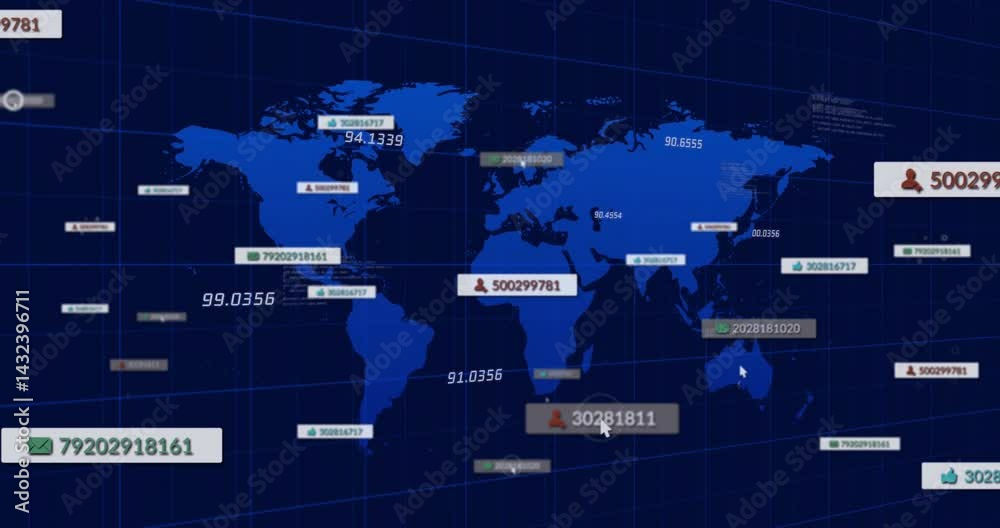 Poster visualizing blue world map on grid-based floating labels and user icons thumbs-up envelope icons