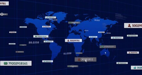 Visualizing blue world map on grid-based floating labels and user icons thumbs-up envelope icons