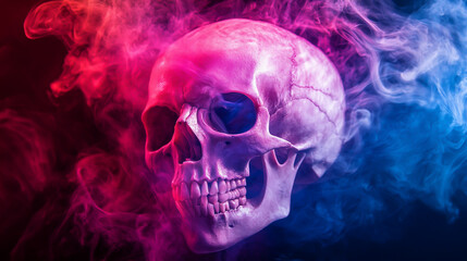 Human skull with colorful smoke, isolated on a black background.
