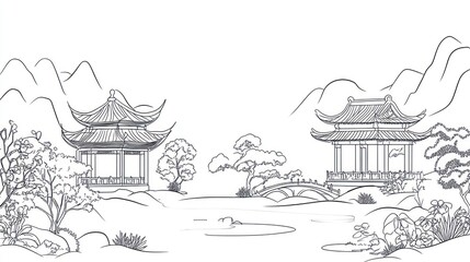 Serene Asian garden with pagodas, bridge, pond, and mountains; perfect for tranquil design