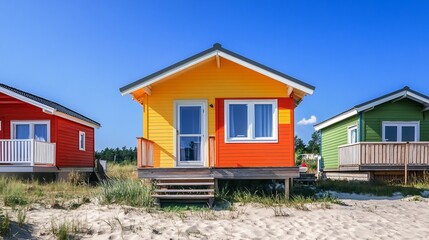 Charming Colorful Beach Houses Under Bright Blue Sky on Sandy Coastline