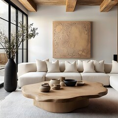Japandi boho living room with rustic coffee table and beige sofa in modern cozy home interior design
